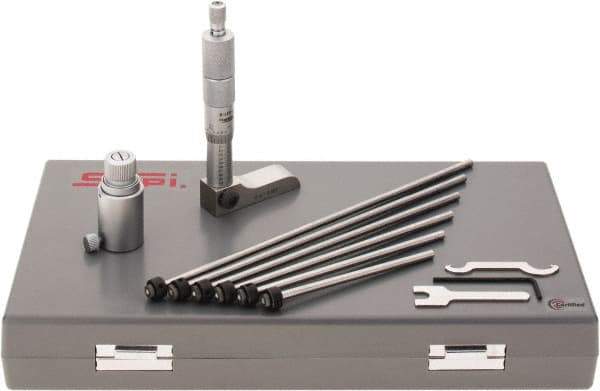 SPI - 0 to 6" Range, 6 Rod, Mechanical Depth Micrometer - Ratchet Stop Thimble, 2-1/4" Base Length, 0.001" Graduation, 4.5mm Rod Diam - Exact Tool & Supply