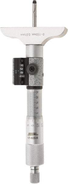 SPI - 0 to 150mm Range, 6 Rod, Mechanical Depth Micrometer - Ratchet Stop Thimble, 63mm Base Length, 0.01mm Graduation, 4.5mm Rod Diam - Exact Tool & Supply