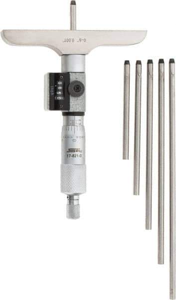 SPI - 0 to 6" Range, 6 Rod, Mechanical Depth Micrometer - Ratchet Stop Thimble, 4" Base Length, 0.001" Graduation, 4.5mm Rod Diam - Exact Tool & Supply