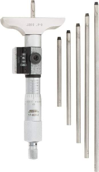 SPI - 0 to 6" Range, 6 Rod, Mechanical Depth Micrometer - Ratchet Stop Thimble, 2-1/2" Base Length, 0.001" Graduation, 4.5mm Rod Diam - Exact Tool & Supply
