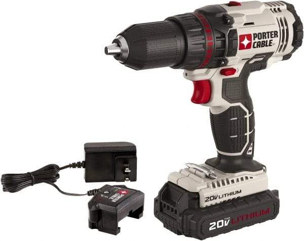 Porter-Cable - 20 Volt 1/2" Chuck Mid-Handle Cordless Drill - 0-350 & 0-1500 RPM, Keyless Chuck, Reversible, 1 Lithium-Ion Battery Included - Exact Tool & Supply
