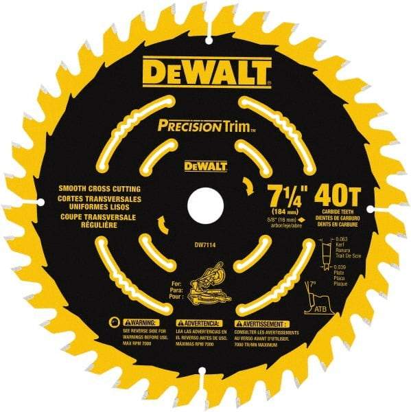 DeWALT - 7-1/4" Diam, 5/8" Arbor Hole Diam, 40 Tooth Wet & Dry Cut Saw Blade - Tungsten Carbide-Tipped, Smooth Action, Standard Round Arbor - Exact Tool & Supply