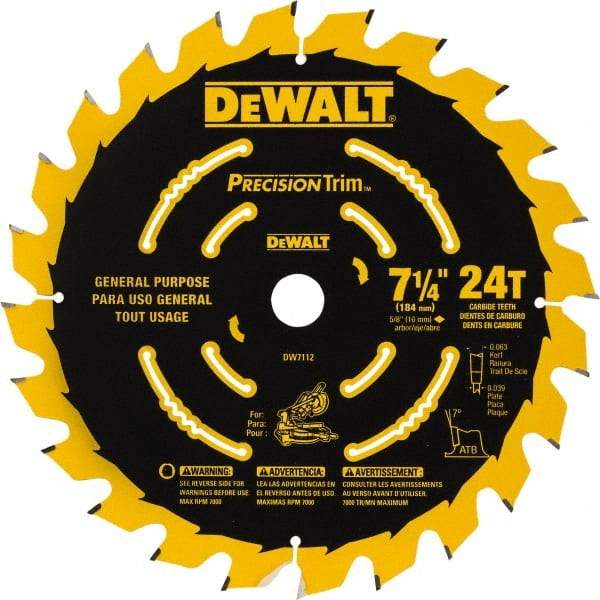 DeWALT - 7-1/4" Diam, 5/8" Arbor Hole Diam, 24 Tooth Wet & Dry Cut Saw Blade - Tungsten Carbide-Tipped, Smooth Action, Standard Round Arbor - Exact Tool & Supply