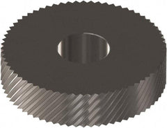 Made in USA - 1" Diam, 90° Tooth Angle, 14 TPI, Standard (Shape), Form Type Cobalt Right-Hand Diagonal Knurl Wheel - 0.236" Face Width, 5/16" Hole, Circular Pitch, 30° Helix, Ferritic Nitrocarburizing Finish, Series OS - Exact Tool & Supply