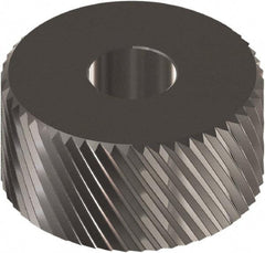 Made in USA - 3/4" Diam, 90° Tooth Angle, 20 TPI, Beveled Face, Form Type Cobalt Left-Hand Diagonal Knurl Wheel - 0.197" Face Width, 1/4" Hole, Circular Pitch, 30° Helix, Ferritic Nitrocarburizing Finish, Series KM - Exact Tool & Supply
