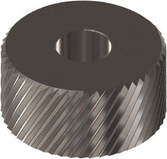 Made in USA - 3/4" Diam, 90° Tooth Angle, 20 TPI, Beveled Face, Form Type Cobalt Right-Hand Diagonal Knurl Wheel - 0.197" Face Width, 1/4" Hole, Circular Pitch, 30° Helix, Ferritic Nitrocarburizing Finish, Series KM - Exact Tool & Supply