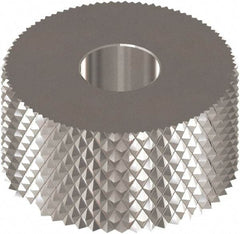 Made in USA - 1" Diam, 90° Tooth Angle, 30 TPI, Standard (Shape), Form Type High Speed Steel Male Diamond Knurl Wheel - 3/8" Face Width, 5/16" Hole, Circular Pitch, Bright Finish, Series OU - Exact Tool & Supply