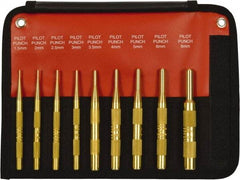 Mayhew - 9 Piece, 1.5 to 10mm, Pin Punch Set - Round Shank, Brass, Comes in Kit Bag - Exact Tool & Supply