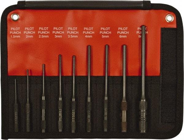 Mayhew - 9 Piece, 1.5 to 8mm, Pin & Pilot Punch Set - Hex Shank, Steel, Comes in Kit Bag - Exact Tool & Supply