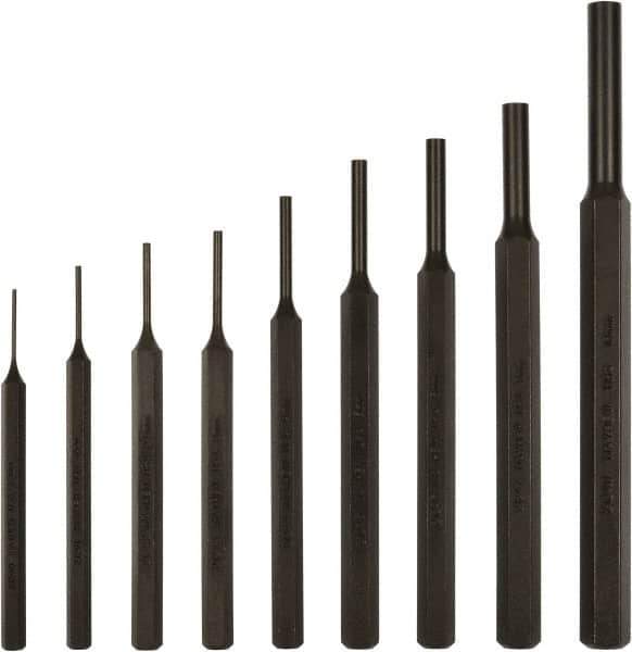 Mayhew - 9 Piece, 1.5 to 10mm, Pin Punch Set - Hex Shank, Steel, Comes in Kit Bag - Exact Tool & Supply