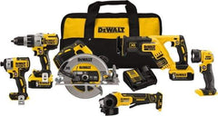 DeWALT - 20 Volt Cordless Tool Combination Kit - Includes 1/2" Brushless Hammerdrill, 1/4" Brushless Impact Driver, Brushless Reciprocating Saw, 7-1/2" Brushless Circular Saw, Cut-Off Tool/Grinder & LED Worklight, Lithium-Ion Battery Included - Exact Tool & Supply
