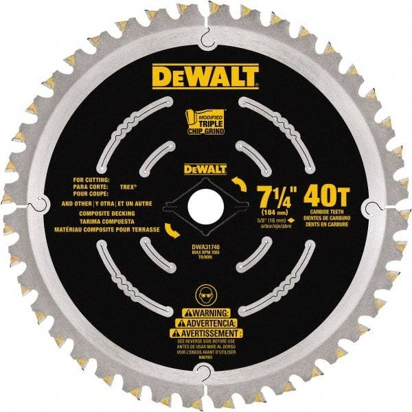 DeWALT - 7-1/4" Diam, 15.88mm Arbor Hole Diam, 40 Tooth Wet & Dry Cut Saw Blade - Steel, Framing Action, Standard Round Arbor - Exact Tool & Supply