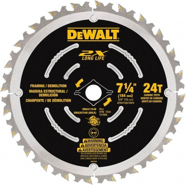 DeWALT - 7-1/4" Diam, 15.88mm Arbor Hole Diam, 48 Tooth Wet & Dry Cut Saw Blade - Steel, Framing Action, Standard Round Arbor - Exact Tool & Supply