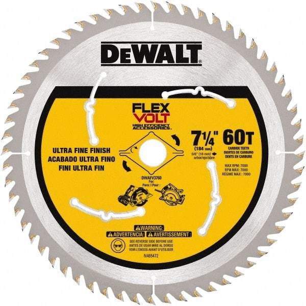 DeWALT - 7-1/4" Diam, 15.88mm Arbor Hole Diam, 60 Tooth Wet & Dry Cut Saw Blade - Steel, Smooth Action, Standard Round Arbor - Exact Tool & Supply