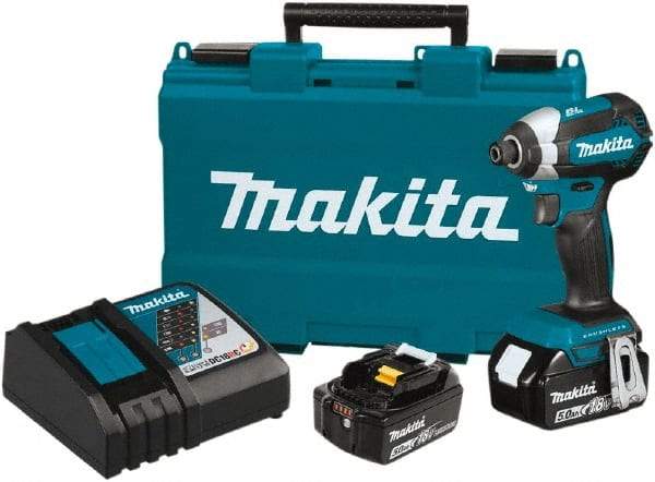 Makita - 18 Volt, 1/4" Drive, 125 Ft/Lb Torque, Cordless Impact Driver - Pistol Grip Handle, 3400 RPM, 2 Lithium-Ion Batteries Included - Exact Tool & Supply
