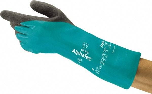 Ansell - Size S (7), 14" Long, 39 mil Thick, Supported, Nitrile Chemical Resistant Gloves - Textured Finish, HPPE Lined, Gauntlet Cuff, ANSI Abrasion Level 6, ANSI Cut Level A3, ANSI Puncture Level 3, Green - Exact Tool & Supply