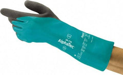 Ansell - Size S (7), 14" Long, 39 mil Thick, Supported, Nitrile Chemical Resistant Gloves - Textured Finish, HPPE Lined, Gauntlet Cuff, ANSI Abrasion Level 6, ANSI Cut Level A3, ANSI Puncture Level 3, Green - Exact Tool & Supply