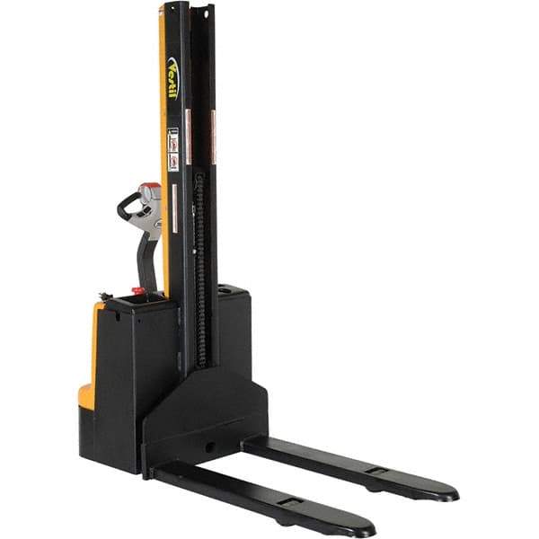 Vestil - 2,200 Lb Capacity, 62" Lift Height, Battery Powered Stacker - 3-3/8" Lowered Height, 42" Fork Length, 32" Overall Width - Exact Tool & Supply