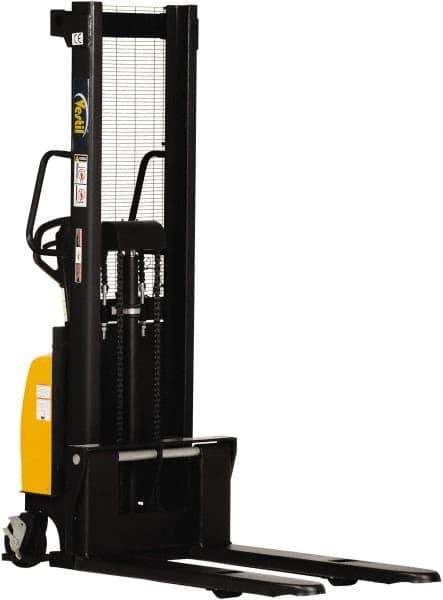 Vestil - 2,000 Lb Capacity, 63" Lift Height, Battery Powered Stacker - 3-3/8" Lowered Height, 42" Fork Length, 26-3/4" Overall Width - Exact Tool & Supply