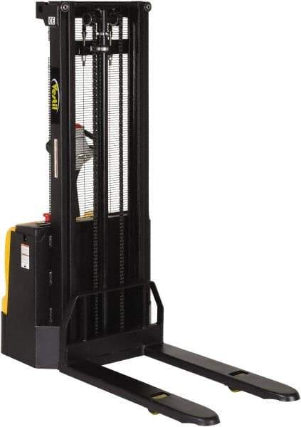 Vestil - 2,200 Lb Capacity, 118" Lift Height, Battery Powered Stacker - 3-3/8" Lowered Height, 42" Fork Length, 30" Overall Width - Exact Tool & Supply