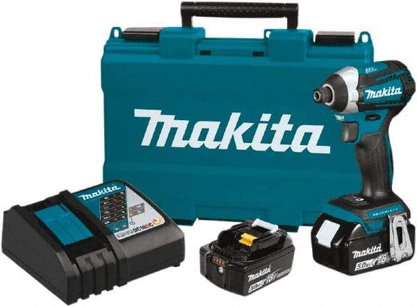 Makita - 18 Volt, 1/4" Drive, 1,550 In/Lb Torque, Cordless Impact Driver - Pistol Grip Handle, 3600 RPM, 2 Lithium-Ion Batteries Included - Exact Tool & Supply