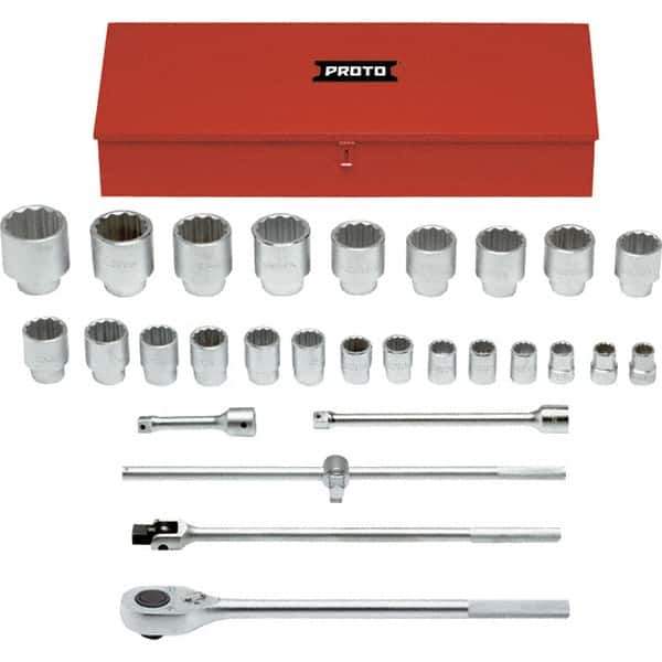 Proto - 29 Piece 1" Drive Chrome Finish Socket Set - 12 Points, 1-1/16" to 3-1/2" Range, Inch Measurement Standard - Exact Tool & Supply