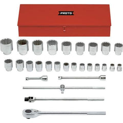 Proto - 29 Piece 1" Drive Chrome Finish Socket Set - 12 Points, 1-1/16" to 3-1/2" Range, Inch Measurement Standard - Exact Tool & Supply
