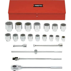 Proto - 22 Piece 1" Drive Chrome Finish Socket Set - 12 Points, 1-1/2" to 3-1/2" Range, Inch Measurement Standard - Exact Tool & Supply