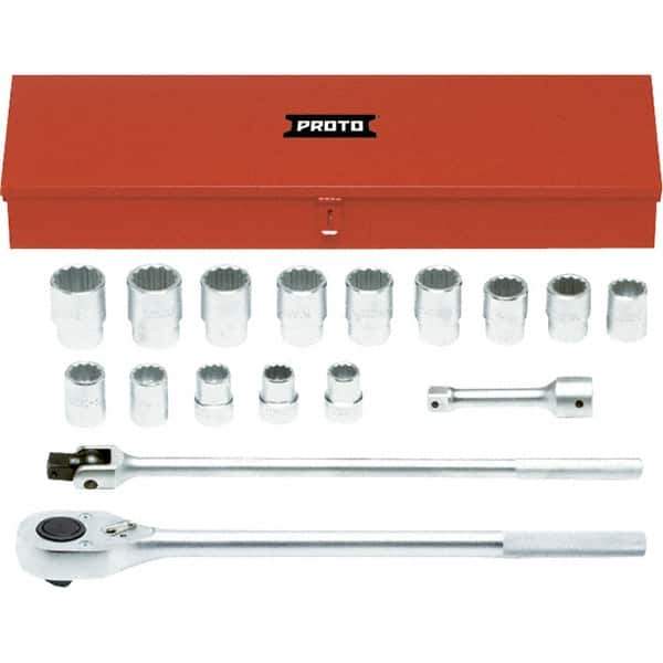 Proto - 17 Piece 1" Drive Chrome Finish Socket Set - 12 Points, 1-1/16" to 2" Range, Inch Measurement Standard - Exact Tool & Supply