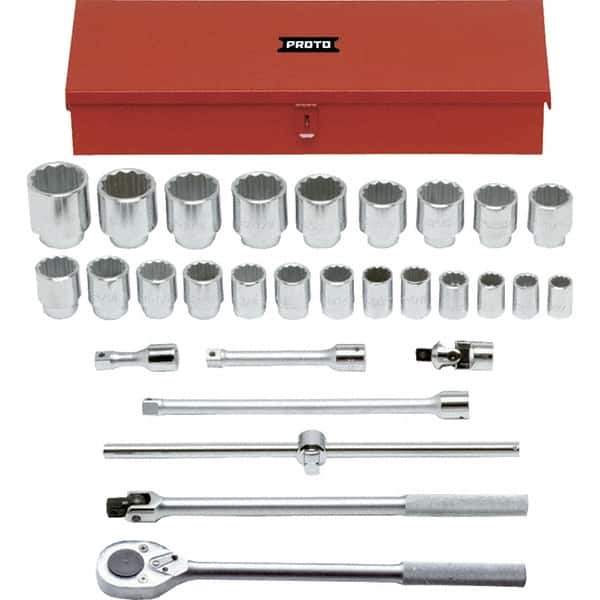 Proto - 29 Piece 3/4" Drive Chrome Finish Socket Set - 12 Points, 7/8" to 2-3/8" Range, Inch Measurement Standard - Exact Tool & Supply