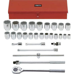 Proto - 29 Piece 3/4" Drive Chrome Finish Socket Set - 12 Points, 7/8" to 2-3/8" Range, Inch Measurement Standard - Exact Tool & Supply