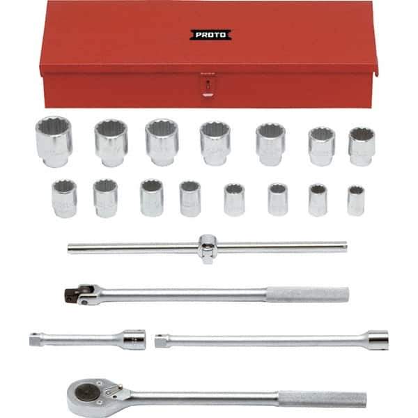 Proto - 20 Piece 3/4" Drive Chrome Finish Socket Set - 12 Points, 7/8" to 2" Range, Inch Measurement Standard - Exact Tool & Supply