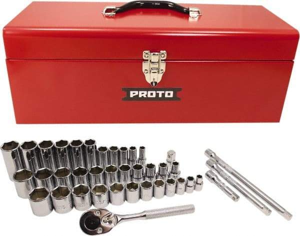 Proto - 39 Piece 3/8" & 1/2" Drive Chrome Finish Deep Well Socket Set - 6 Points, 5/16" to 1" Range, Inch Measurement Standard - Exact Tool & Supply