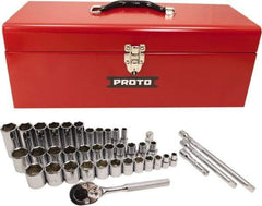 Proto - 39 Piece 3/8" & 1/2" Drive Chrome Finish Deep Well Socket Set - 6 Points, 5/16" to 1" Range, Inch Measurement Standard - Exact Tool & Supply