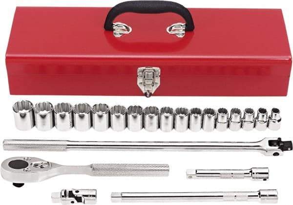 Proto - 22 Piece 1/2" Drive Chrome Finish Socket Set - 12 Points, 10mm to 26mm Range, Metric Measurement Standard - Exact Tool & Supply