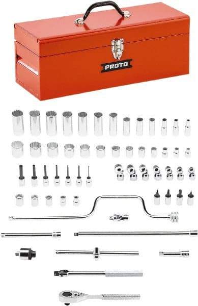 Proto - 58 Piece 3/8" Drive Chrome Finish Deep Well Socket Set - 8, 12 Points, 1/4" to 1" Range, Inch Measurement Standard - Exact Tool & Supply
