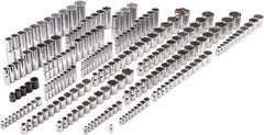 Proto - 205 Piece 1/4", 3/8" & 1/2" Drive Chrome Finish Deep Well Impact Socket Set - 6, 8, 12 Points, 5/32" to 1-1/4" (4mm to 32mm) Range, Inch/Metric Measurement Standard - Exact Tool & Supply