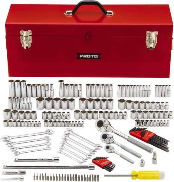 Proto - 184 Piece 1/4", 3/8" & 1/2" Drive Chrome Finish Deep Well Socket Set - 6, 12 Points, 3/16" to 1" (4mm to 22mm) Range, Inch/Metric Measurement Standard - Exact Tool & Supply