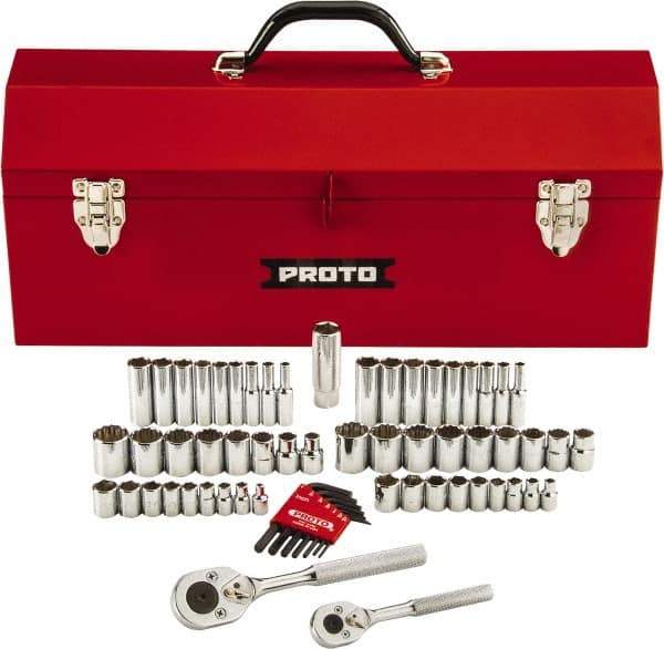 Proto - 63 Piece 1/4" & 3/8" Drive Chrome Finish Deep Well Socket Set - 6, 12 Points, 1/8" to 3/4" (5mm to 18mm) Range, Inch/Metric Measurement Standard - Exact Tool & Supply