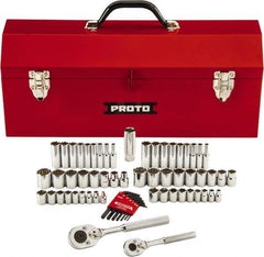 Proto - 63 Piece 1/4" & 3/8" Drive Chrome Finish Deep Well Socket Set - 6, 12 Points, 1/8" to 3/4" (5mm to 18mm) Range, Inch/Metric Measurement Standard - Exact Tool & Supply