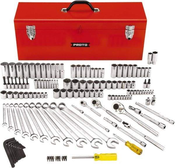 Proto - 148 Piece 1/4, 3/8 & 1/2" Drive Standard Deep Socket Set - 6 & 12 Points, 5/32 to 1-1/8", Inch Measurement Standard - Exact Tool & Supply