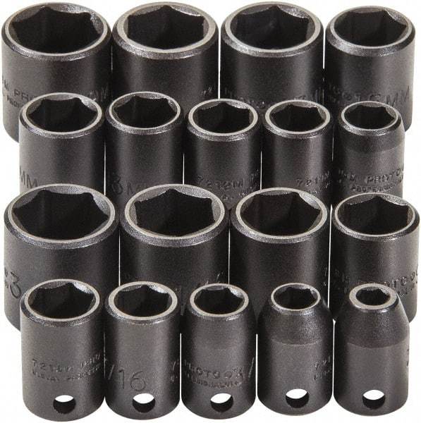 Proto - 18 Piece 3/8" Drive Black Finish Impact Socket Set - 6 Points, 1/4" to 3/4" (10mm to 19mm) Range, Inch/Metric Measurement Standard - Exact Tool & Supply