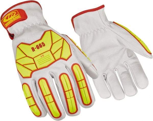 Ringers Gloves - Size 3XL (13), ANSI Cut Lvl 3, Goatskin Leather Cut Resistant Gloves - Hook & Loop Cuff, White/Hi-Vis Yellow, Paired - Exact Tool & Supply