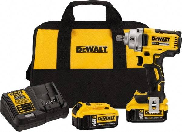 DeWALT - 1/2" Drive 20 Volt Mid-Handle Cordless Impact Wrench & Ratchet - 2,000 RPM, 0 to 3,100 BPM, 330 Ft/Lb Torque, 2 Lithium-Ion Batteries Included - Exact Tool & Supply