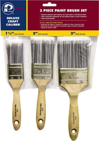 Premier Paint Roller - 1-1/2, 2 & 3" Flat Polyester General Purpose Paint Brush Set - 2-1/4 & 2-1/2 & 3" Bristle Length, 6 & 6-1/2" Wood Beavertail Handle - Exact Tool & Supply