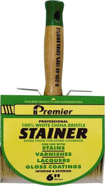 Premier Paint Roller - 6" Flat White China Bristle Stainer Brush - 3-1/4" Bristle Length, 5-1/4" Wood Threaded Wood Handle - Exact Tool & Supply