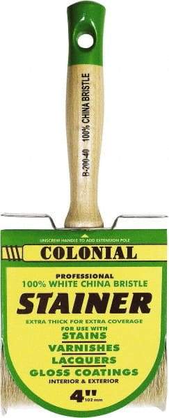 Premier Paint Roller - 4" Flat White China Bristle Stainer Brush - 3" Bristle Length, 5-1/4" Wood Threaded Wood Handle - Exact Tool & Supply