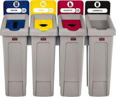 Rubbermaid - 23 Gal Gray Rectangle Recycling Container - Polyethylene, Landfill, Paper, Plastic, and Cans Graphic, 40-1/4" High x 21-1/2" Long x 48" Wide, Lid Included - Exact Tool & Supply