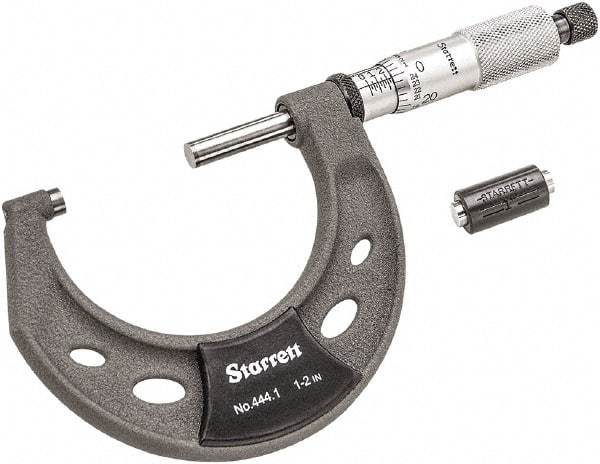 Starrett - 1 to 2" Range, 0.0001" Graduation, Mechanical Outside Micrometer - Ratchet Thimble, 1-1/4" Throat Depth, Accurate to 0.0001" - Exact Tool & Supply