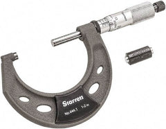 Starrett - 1 to 2" Range, 0.0001" Graduation, Mechanical Outside Micrometer - Ratchet Thimble, 1-1/4" Throat Depth, Accurate to 0.0001" - Exact Tool & Supply